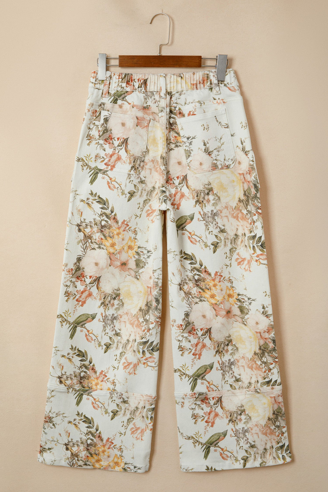 Floral High Waist Wide Leg Denim Jeans in Off-White and Multicolor