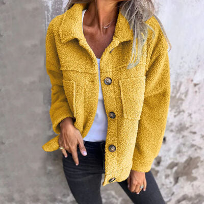 Women's Fuzzy Button-Up Jacket with Drop Shoulder