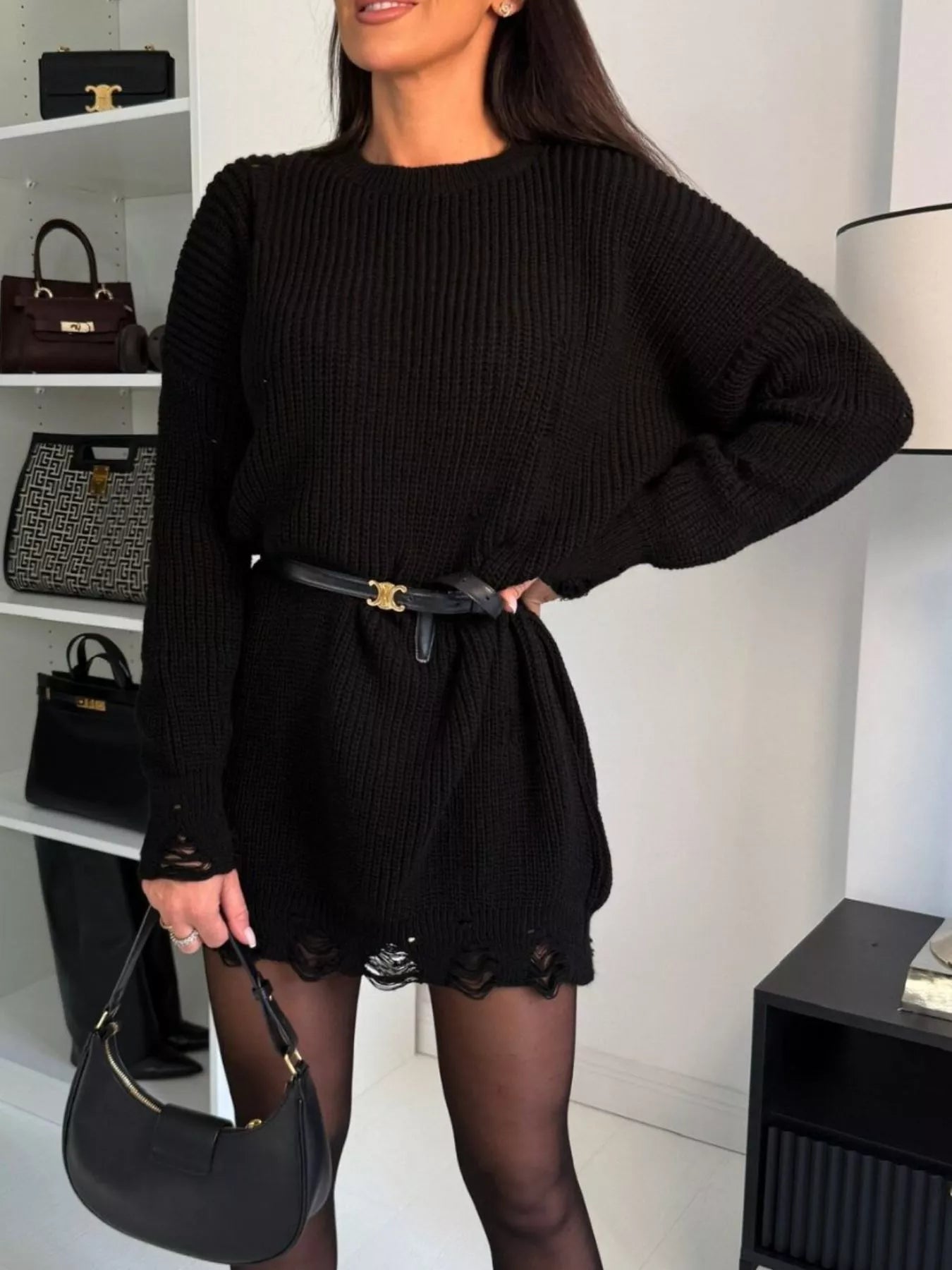 Distressed Round Neck Drop Shoulder Sweater Dress