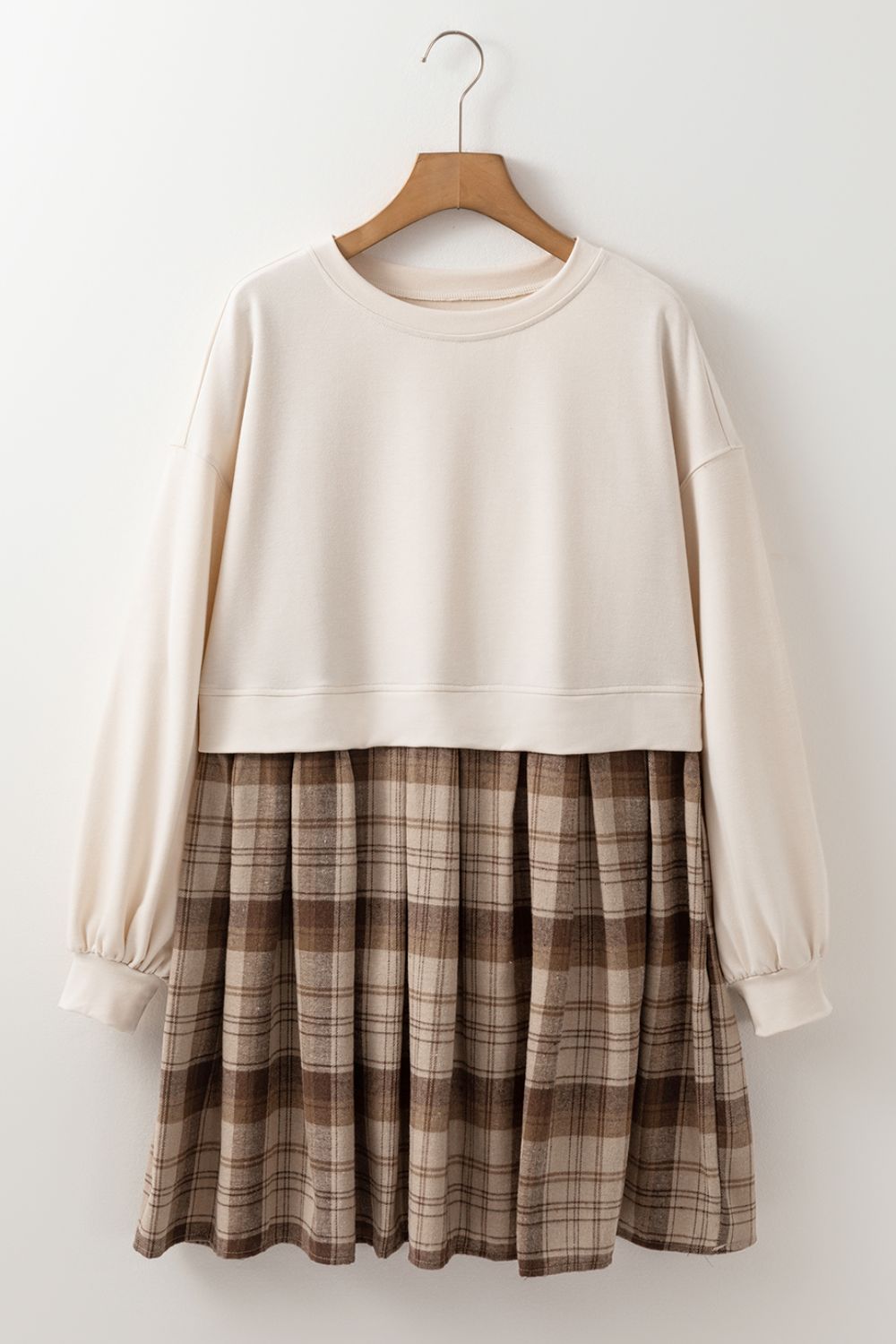 Vintage Plaid Long Sleeve Mini Dress with Round Neck