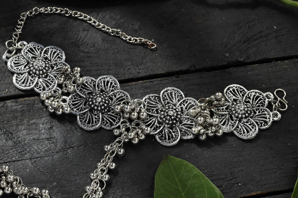 Oxidised Silver-Plated Floral Design Bracelet for Women