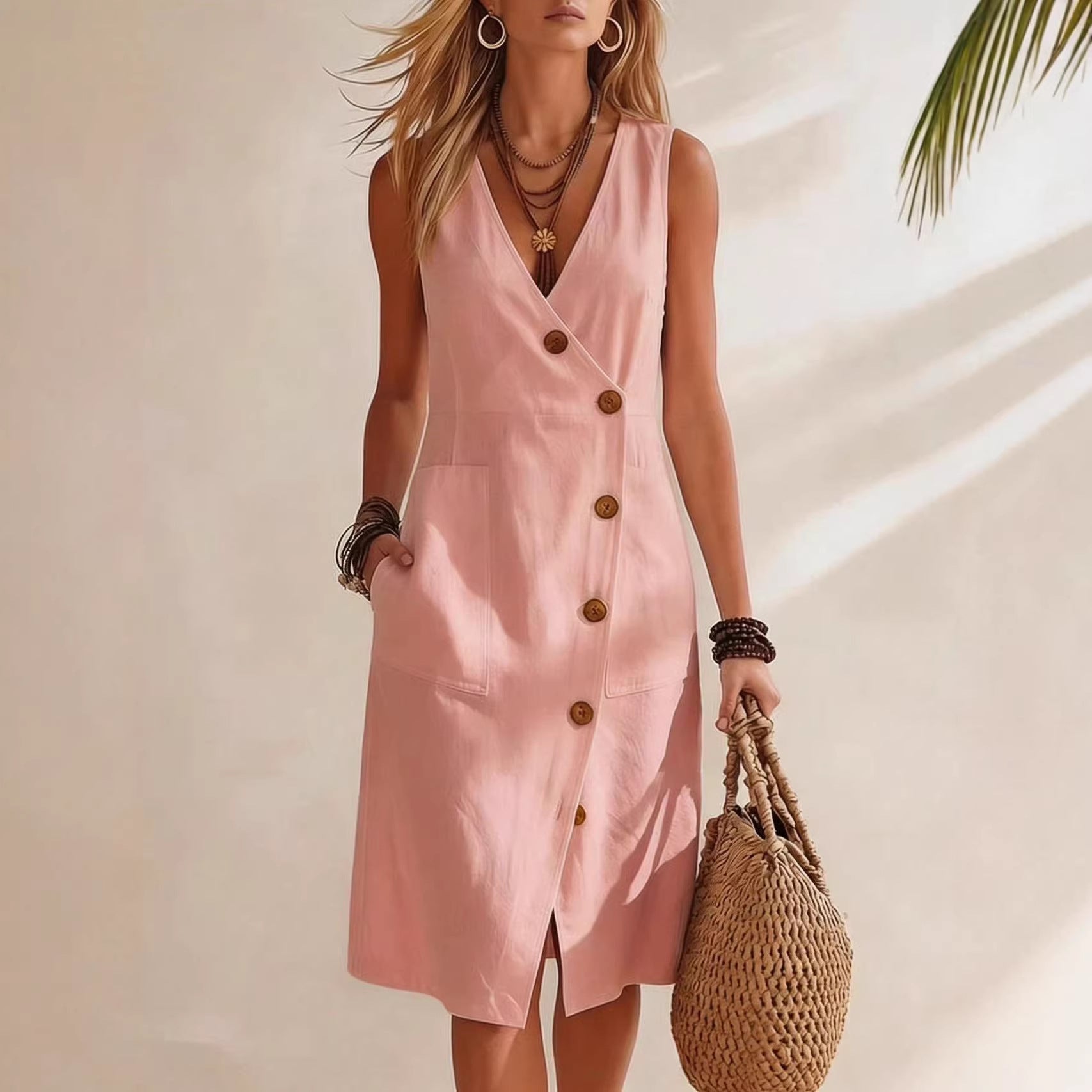 Women's V-Neck Sleeveless Asymmetrical Button Midi Dress - Image 5