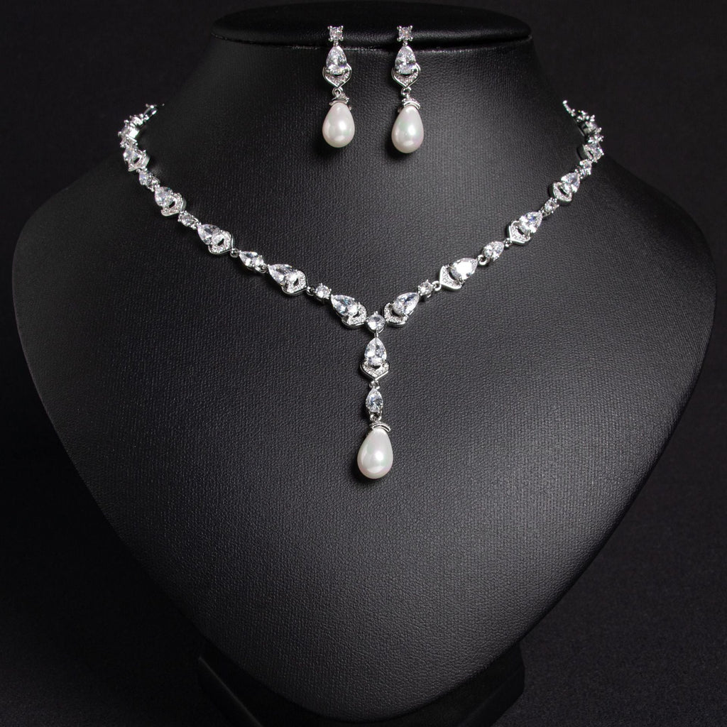 European And American Simple Bridal Jewelry Suit Clavicle Chain Hollow Water Drop Pearl Pendant Necklace Copper Zircon Earrings Accessories