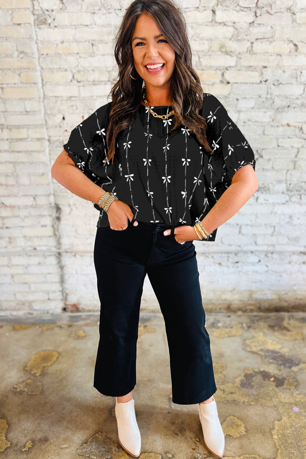 Black Bow Print Striped Puff Short Sleeve Blouse