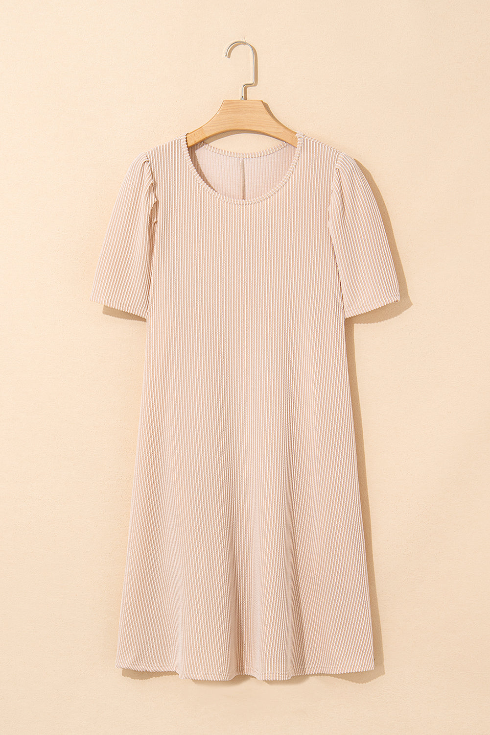 Parchment Corded Knit Puff Sleeve Shift Mini Dress