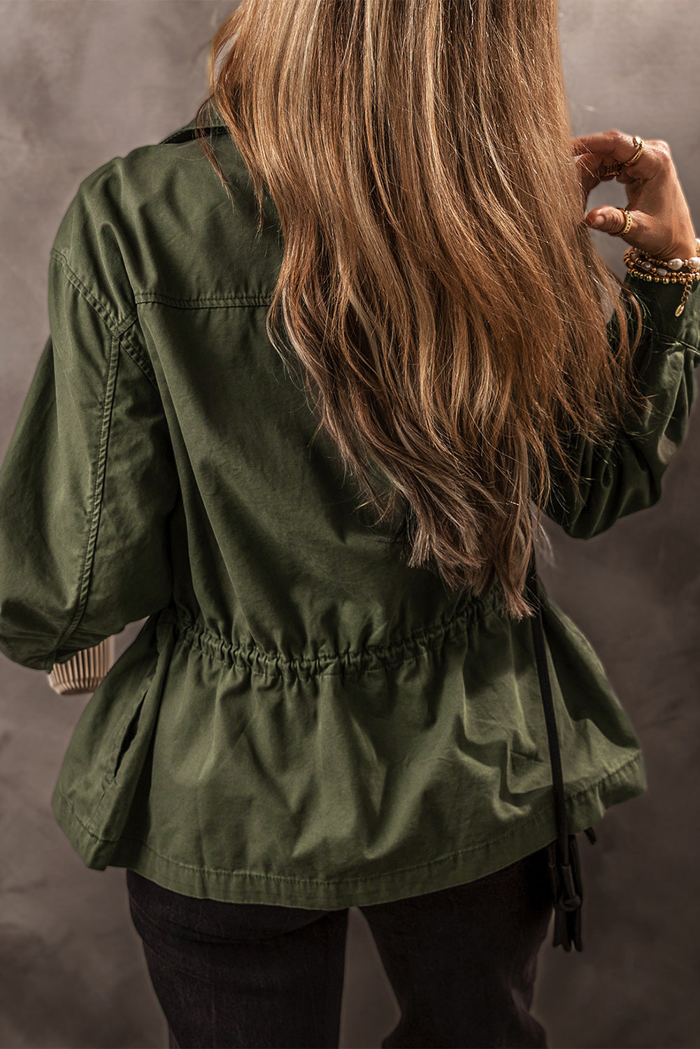 Moss Green Snap Button Zipper Collared Jacket
