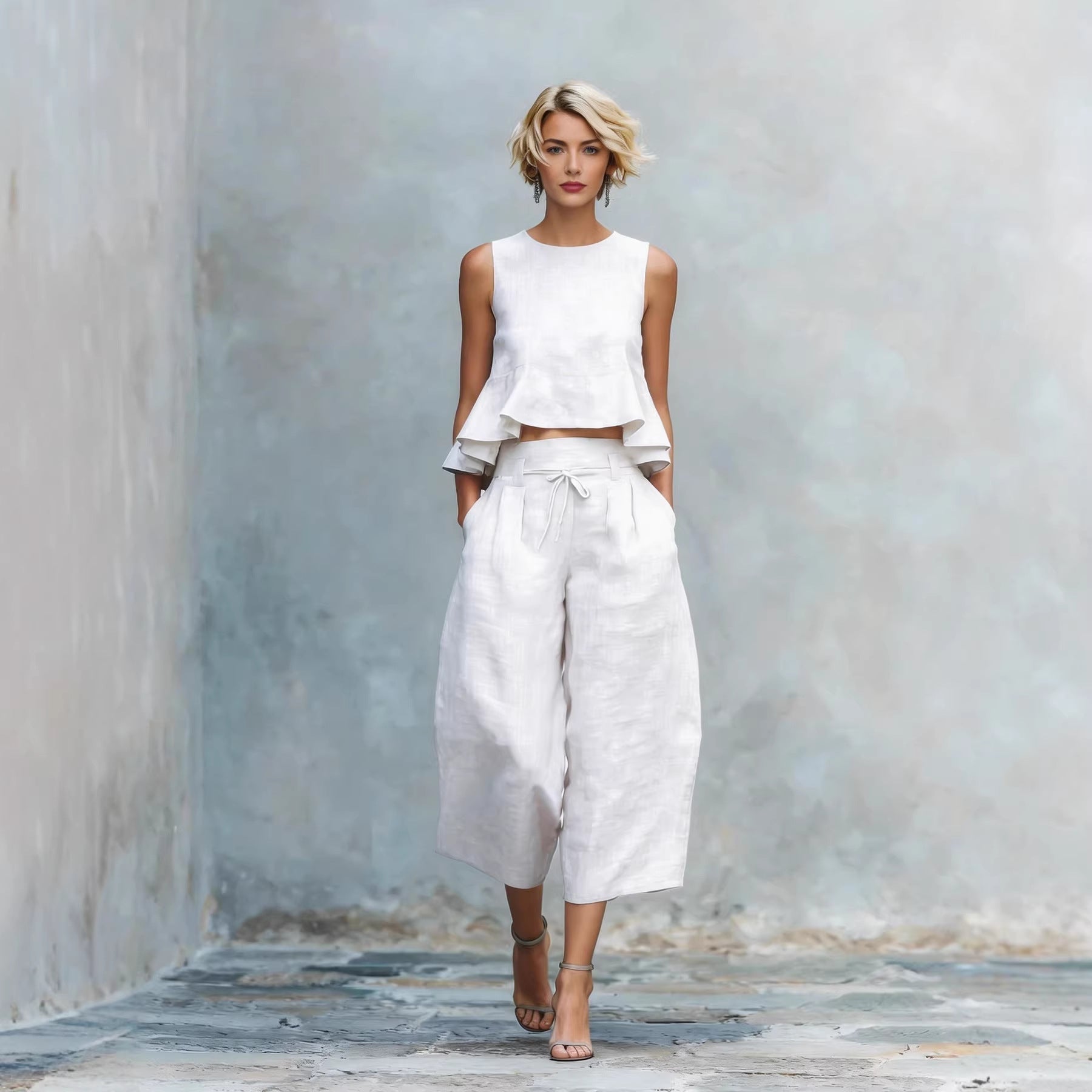 Women's Linen-Blend Sleeveless Ruffled Top and Cropped Pant Set