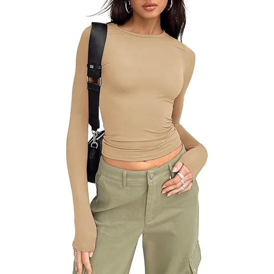 Women T-shirt Long Sleeve Crew Neck Solid Slim Fit Tee  Crop Top