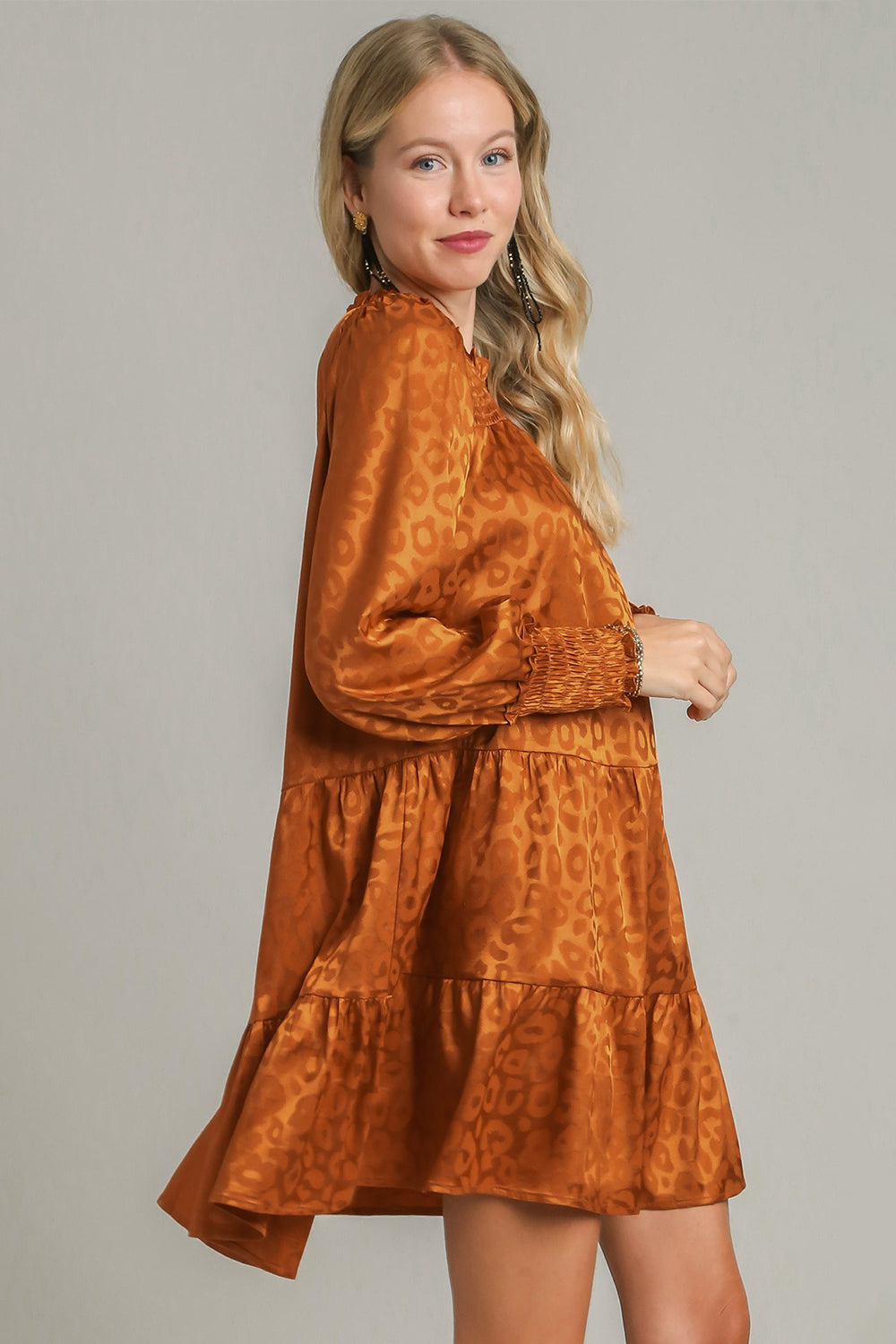 Smocked Leopard Print Long Sleeve Tiered Dress