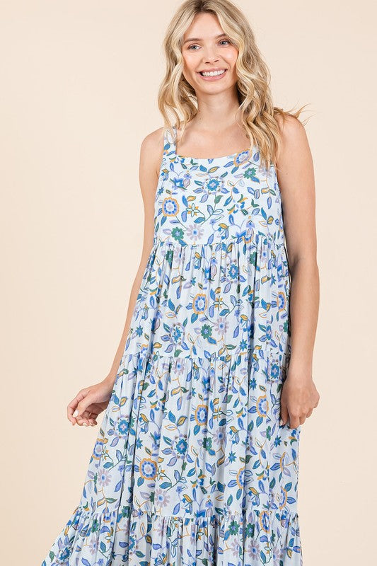 Floral Print Tiered Sleeveless Empire Maxi Dress for Women
