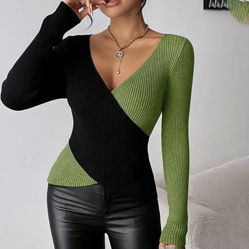 Women's V-Neck Cross Front Color Block Knit Sweater
