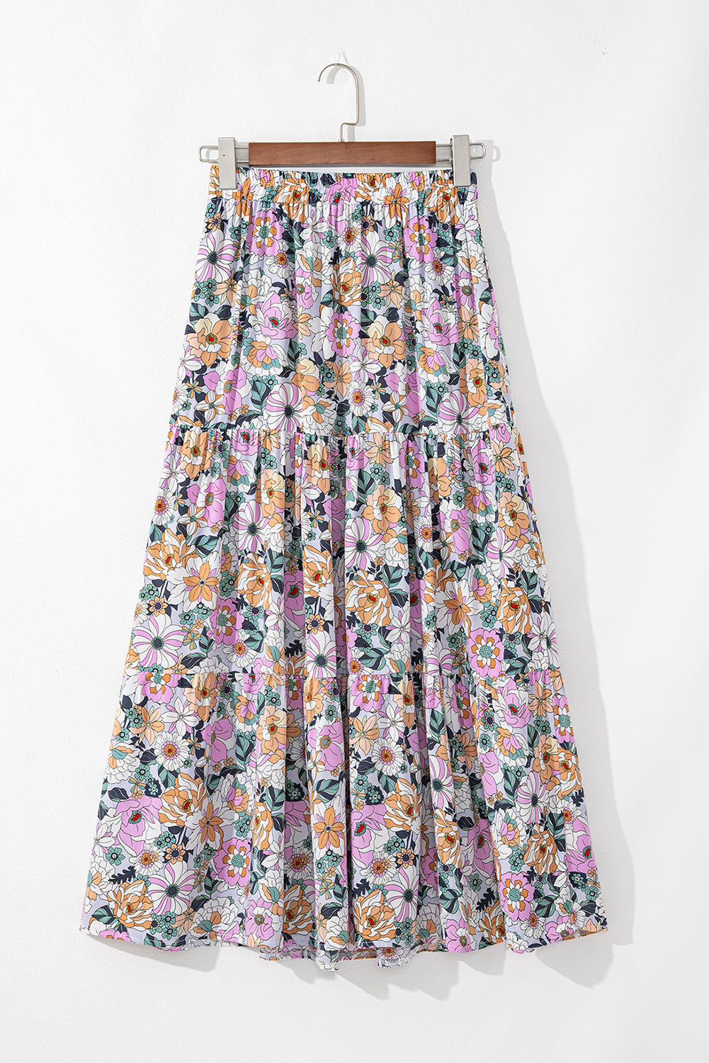 Blue Bohemian Floral Tiered Maxi Skirt with Side Split