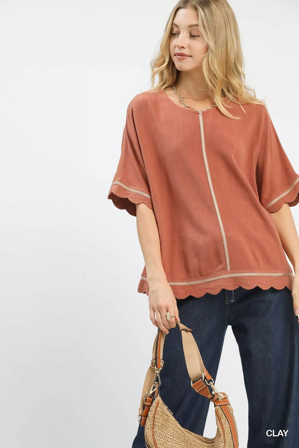 Clay Linen Blend Scallop Trim Top