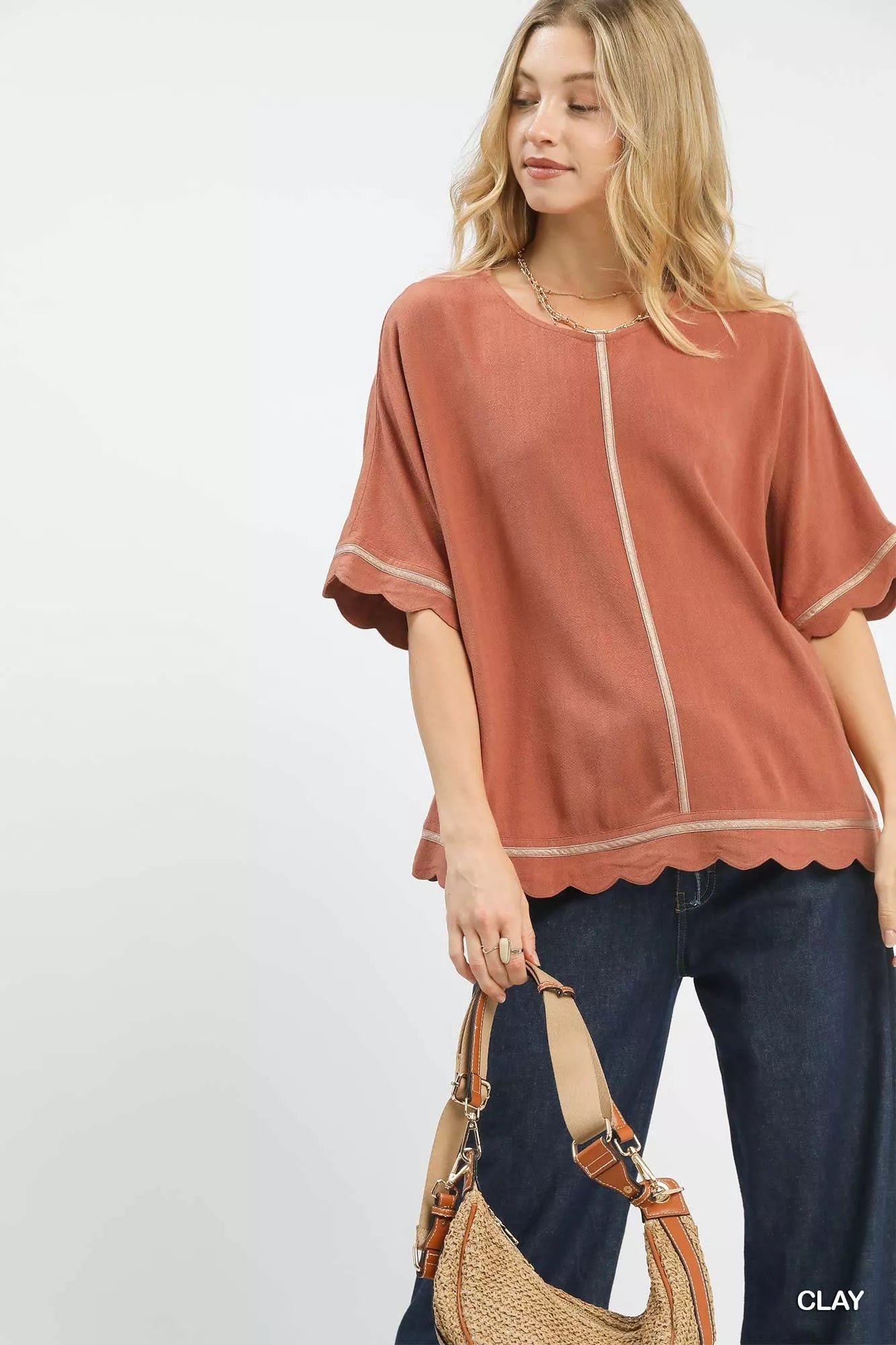 Clay Linen Blend Scallop Trim Top