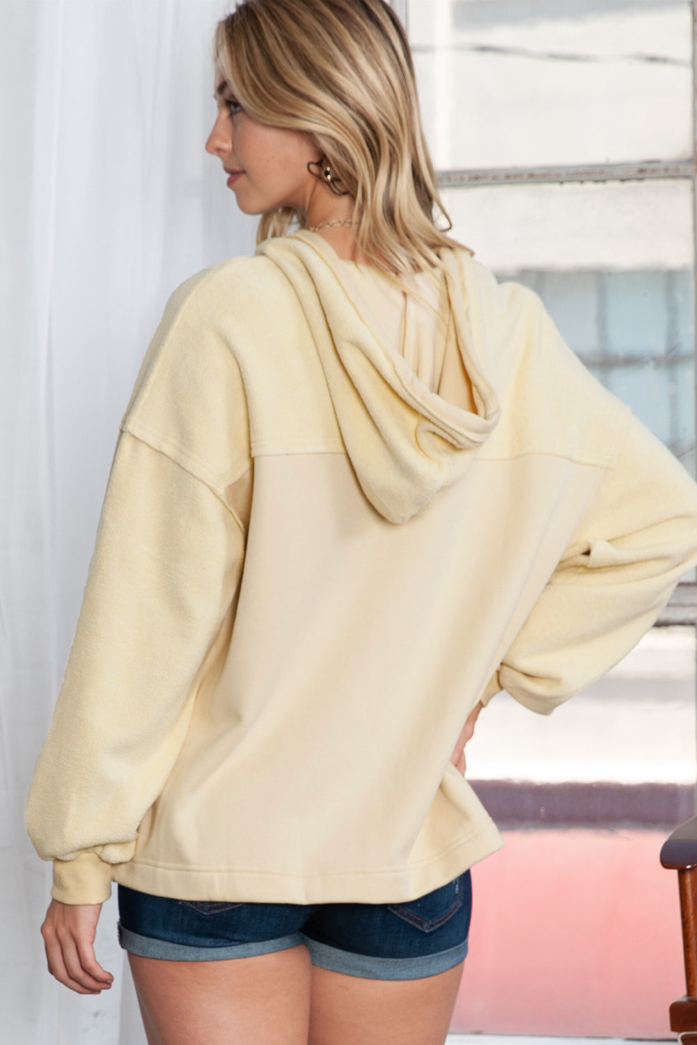 Green Bishop Sleeve Zip Up Hoodie Jacket with Flap Pockets