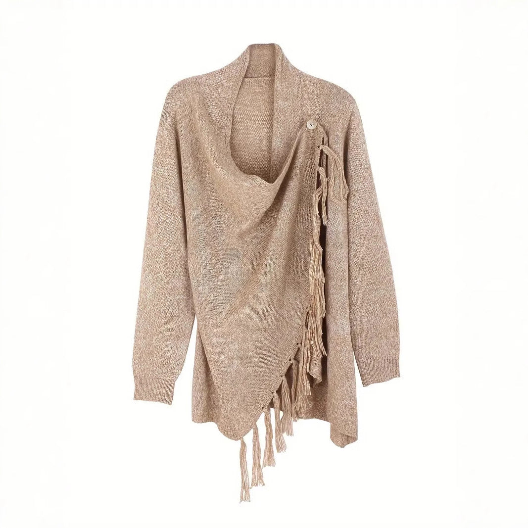 Women's Loose Knit Cardigan Sweater Coat in Khaki Boho Style