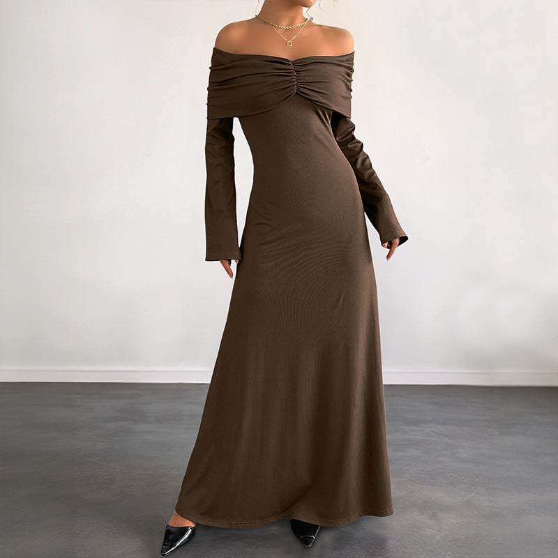 Coffee Brown Off-Shoulder Long Sleeve Knit Maxi Dress