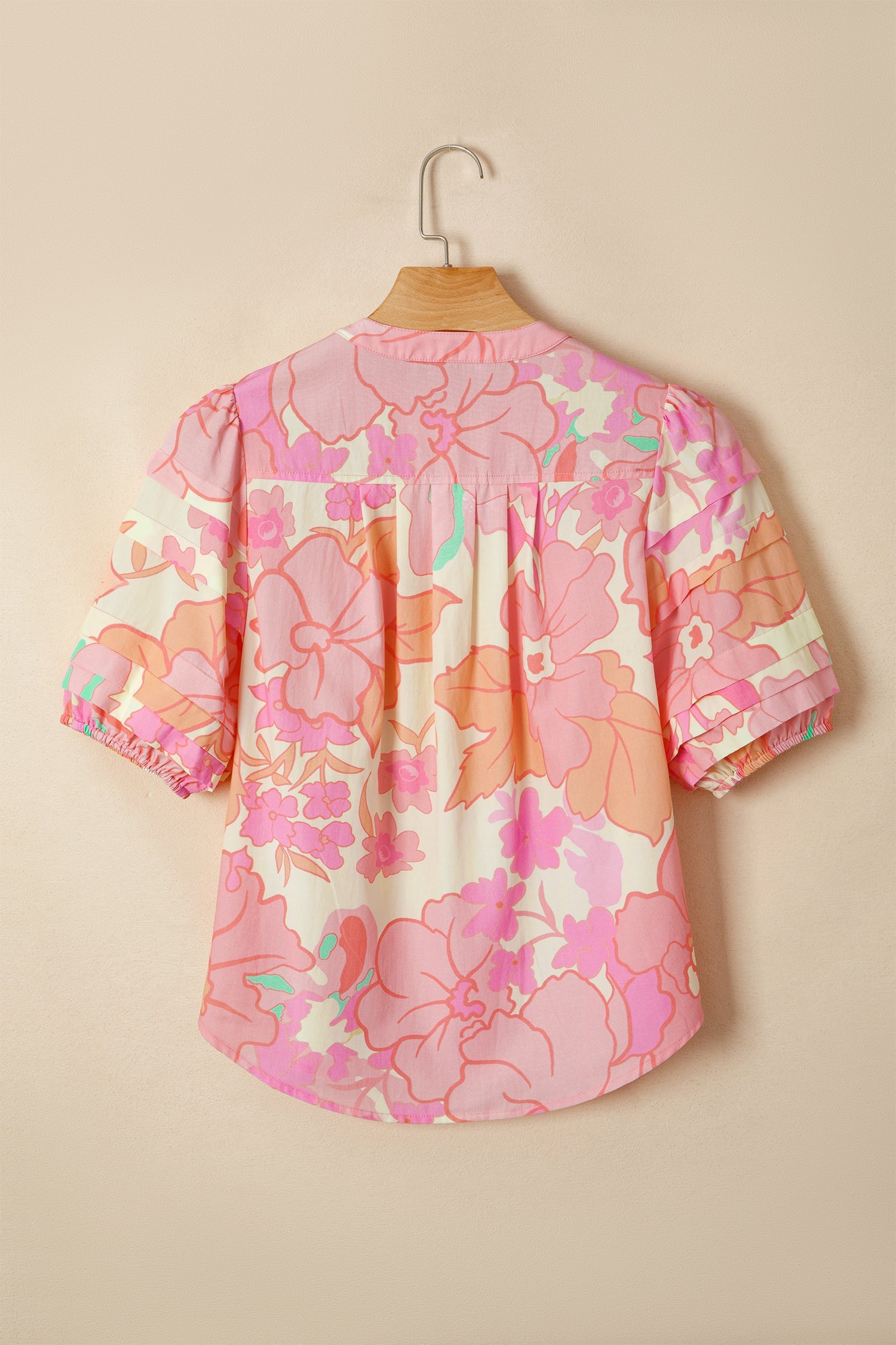 Floral Pintuck Short Sleeve Cotton Blouse in Pink Cream Peach