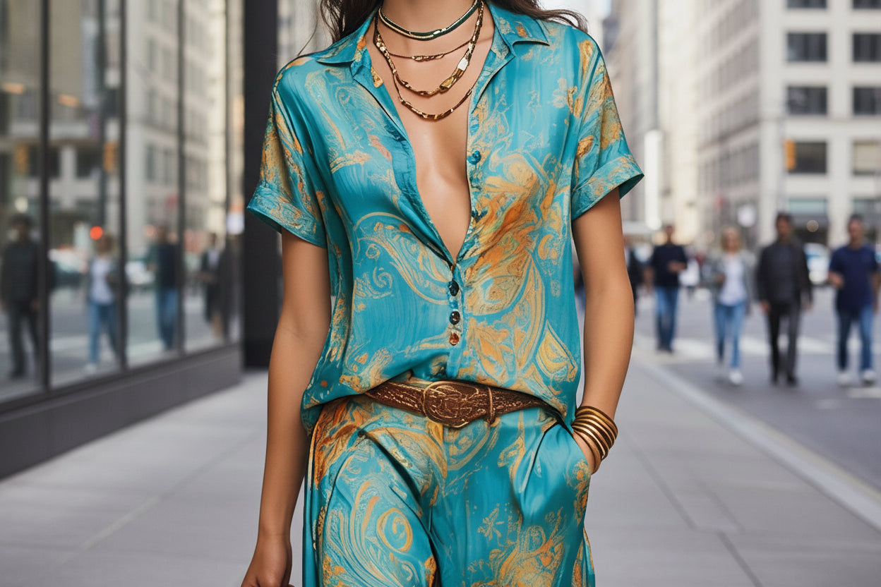 Blue and Orange Bohemian Print Two-Piece Resort Shirt and Pants - Image 3