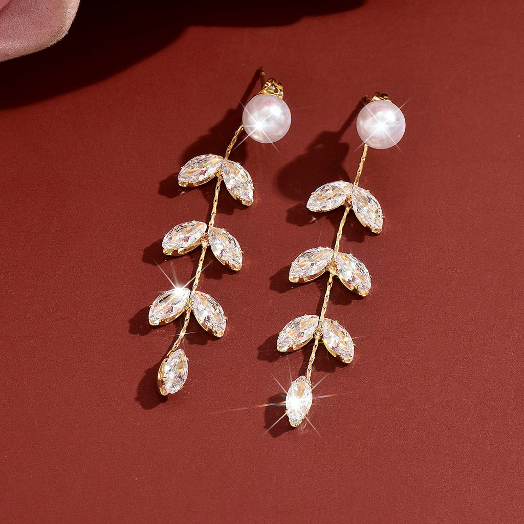 Women Faux Pearl Marquise Leaf Long Drop Earrings, Gold Rhodium Two Tone Plated Dainty Bridal Dangling Earrings For Wedding Party Valentine Daily Gift