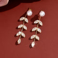 Women Faux Pearl Marquise Leaf Long Drop Earrings, Gold Rhodium Two Tone Plated Dainty Bridal Dangling Earrings For Wedding Party Valentine Daily Gift