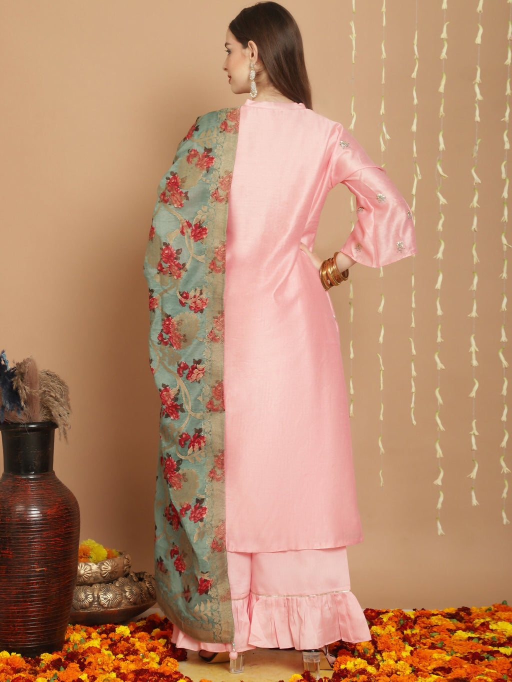 Peach Chanderi Silk A-Line Kurta Set with Elegant Jardoshi Work