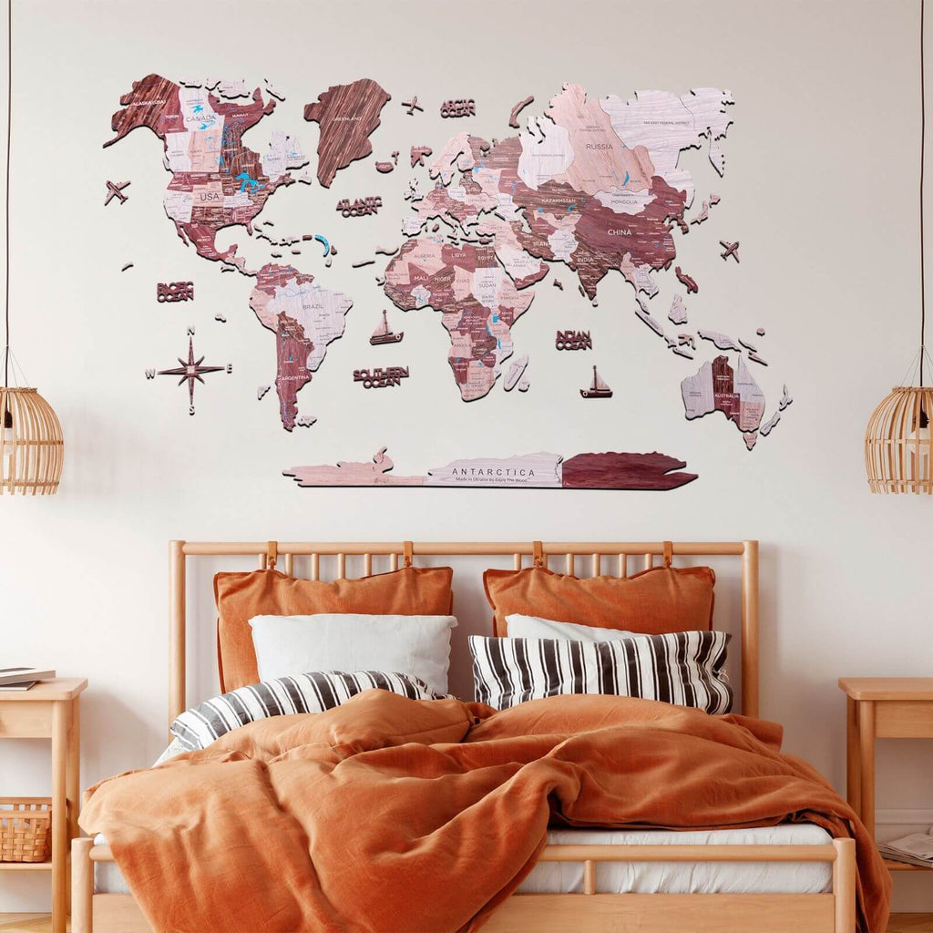 2D wooden world map in cappuccino brown tones, elegant wall art for home decor.