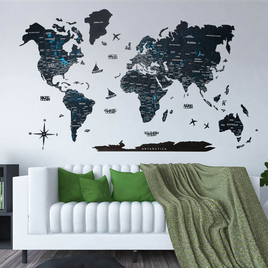 Elegant 2D Midnight-colored wooden world map installed on a minimalist wall