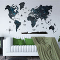 Elegant 2D Midnight-colored wooden world map installed on a minimalist wall