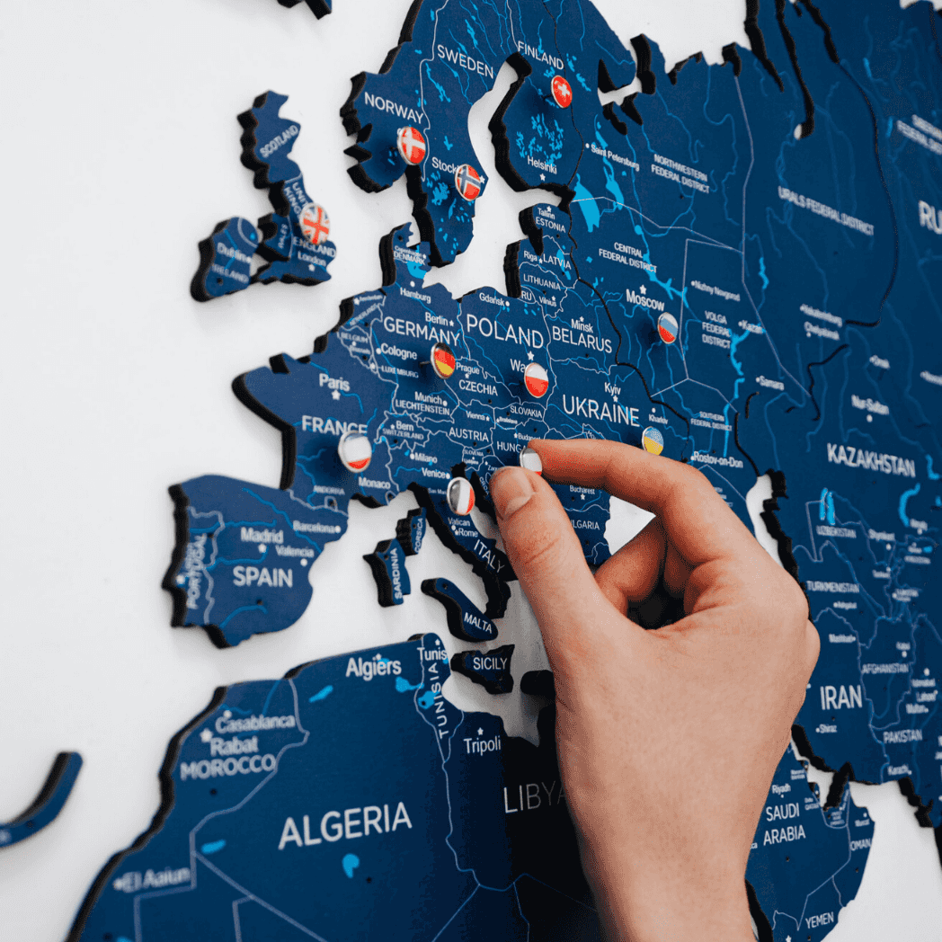 Wooden World Map Wall Art in Navy Blue - Handcrafted Decor