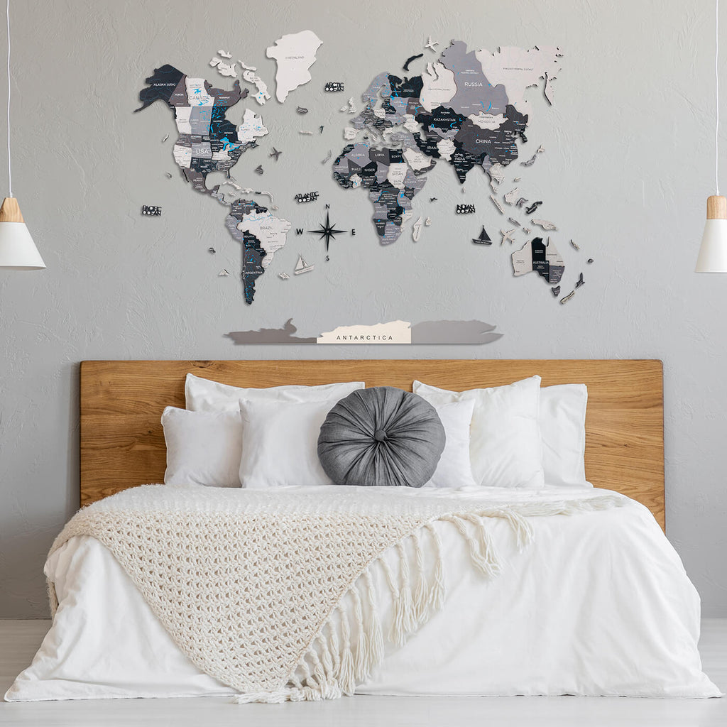 2D Wooden World Map Nordik wall decor mounted on a modern living room wall
