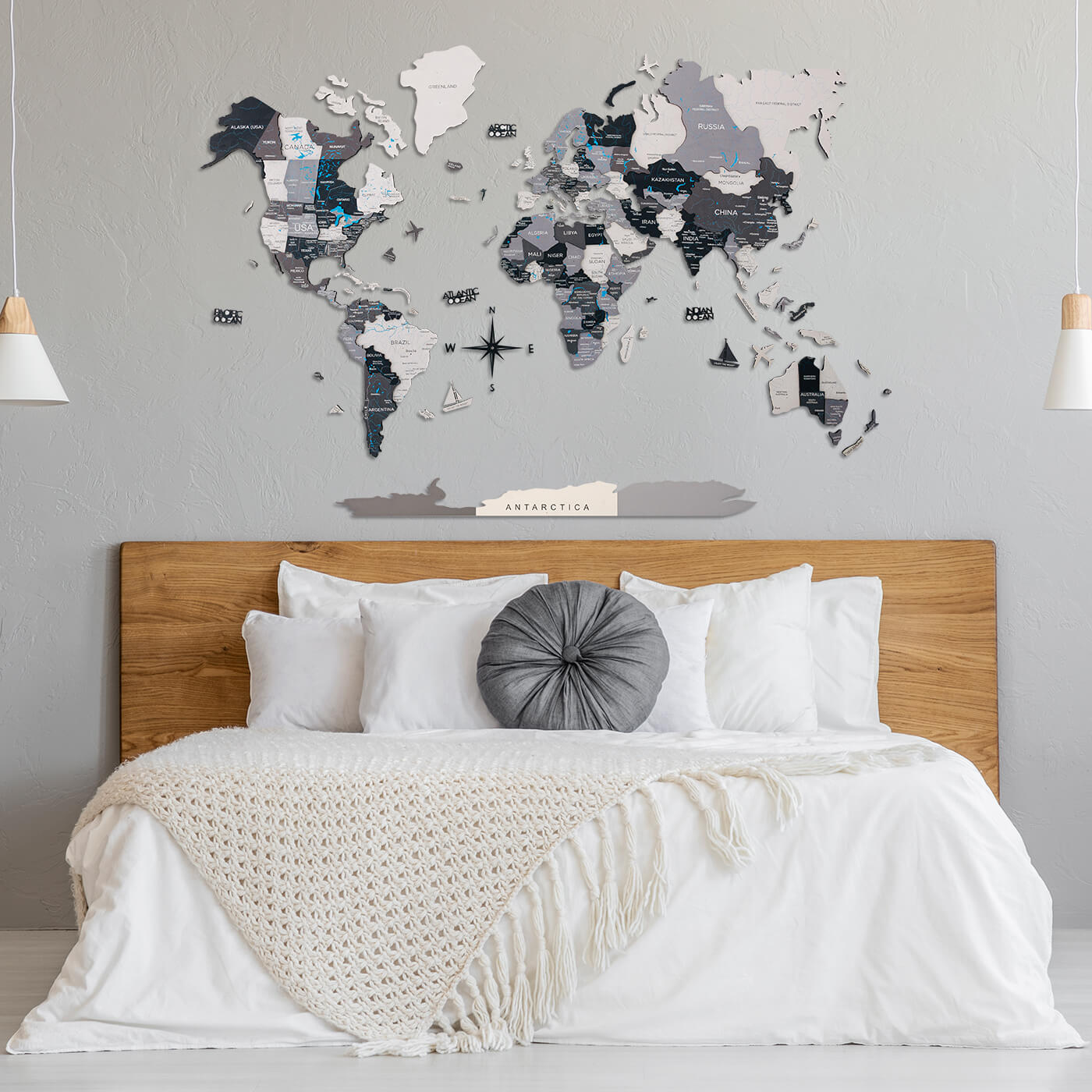 2D Wooden World Map Nordik wall decor mounted on a modern living room wall
