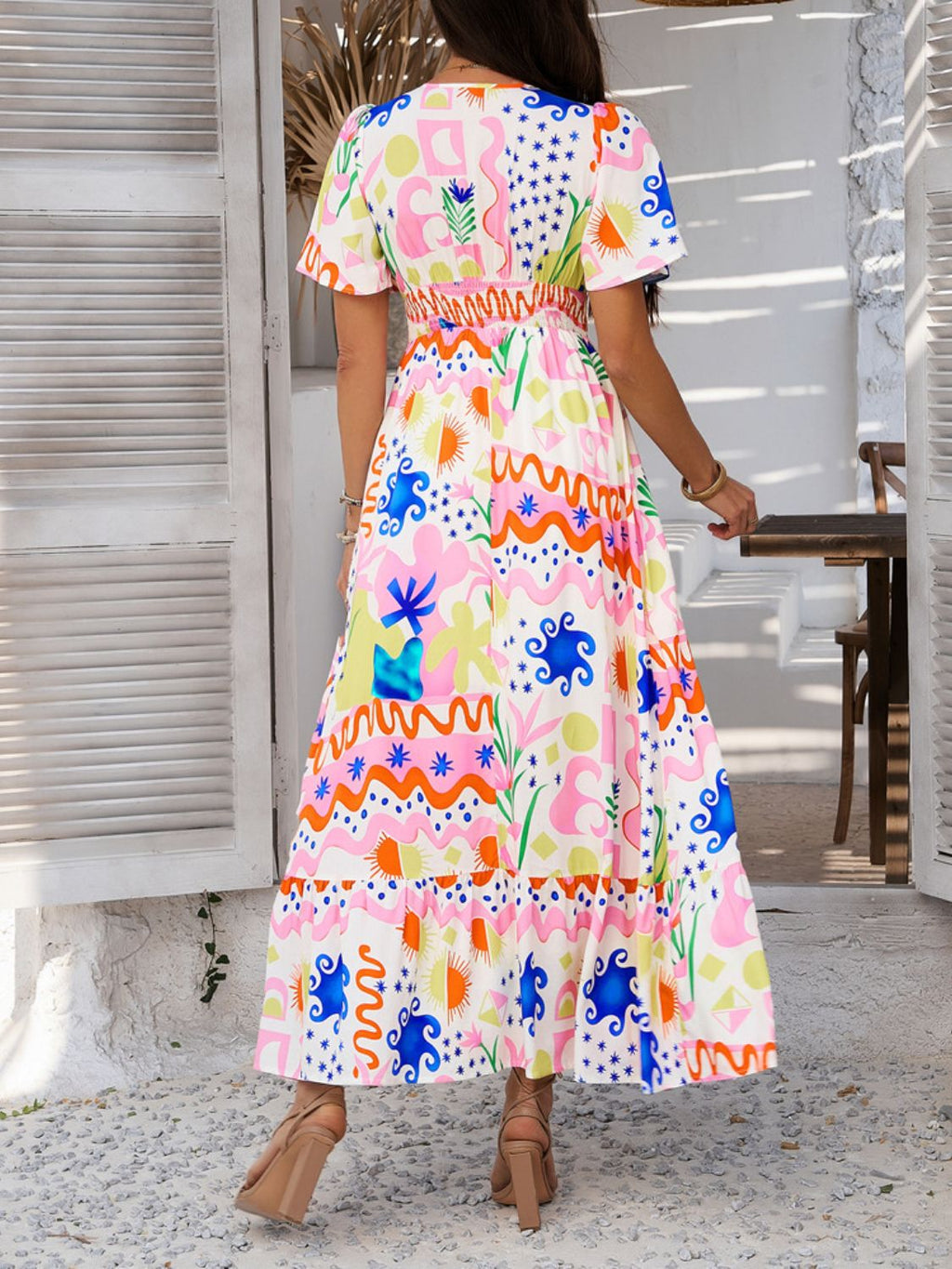 Printed V-Neck Short Sleeve Maxi Dress with Smocked Detail