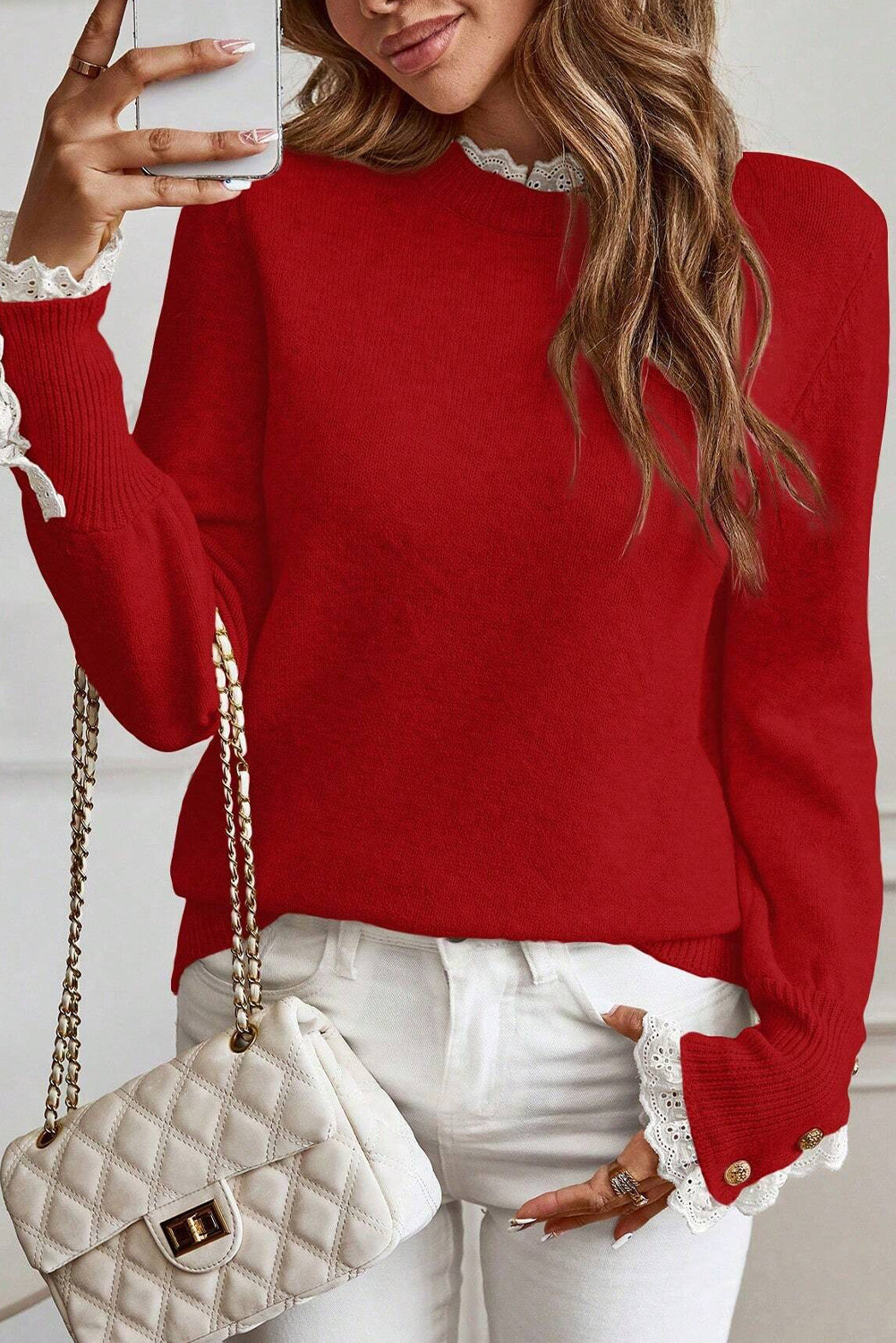 Racing Red Lace Trim Patchwork Buttoned Cuffs Loose Sweater