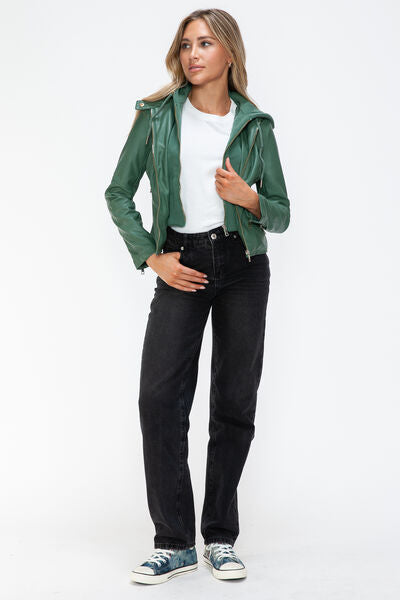 Women's Faux Leather Zip-Up Hooded Jacket Casual Urban Streetwear