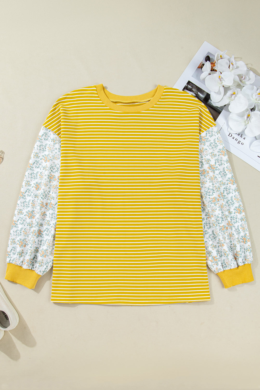 Yellow Stripe Floral Patchwork Long Sleeve Crewneck Top