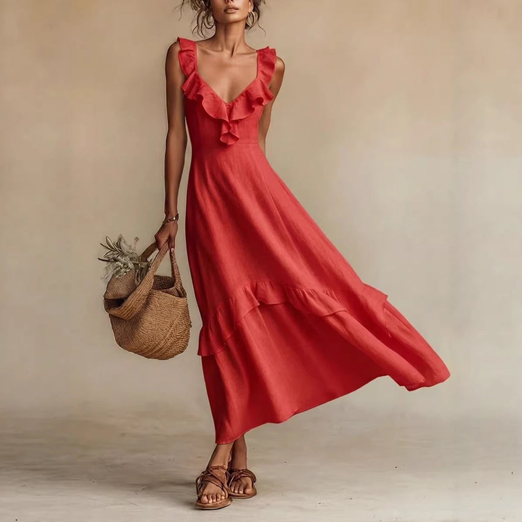 Sleeveless Ruffle Maxi Dress with High Waist Detail - Image 5