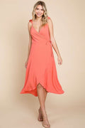 Feminine ruffle detail surplice wrap slip dress