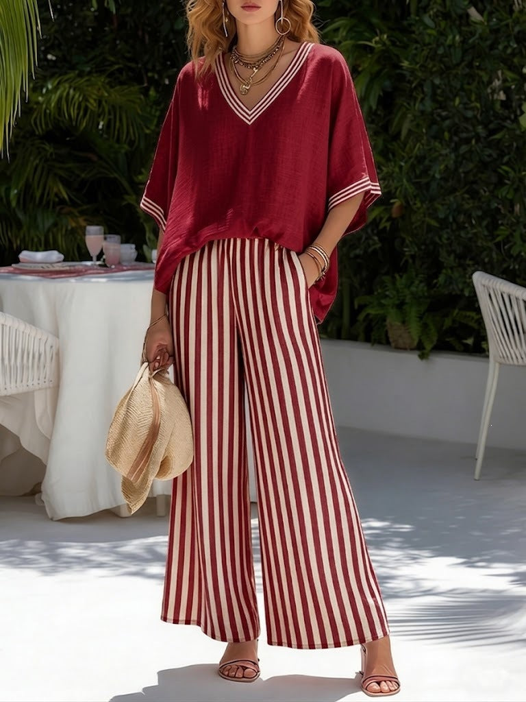 Women V-Neck Tunic Top and Wide Leg Striped Trouser Set - Image 11
