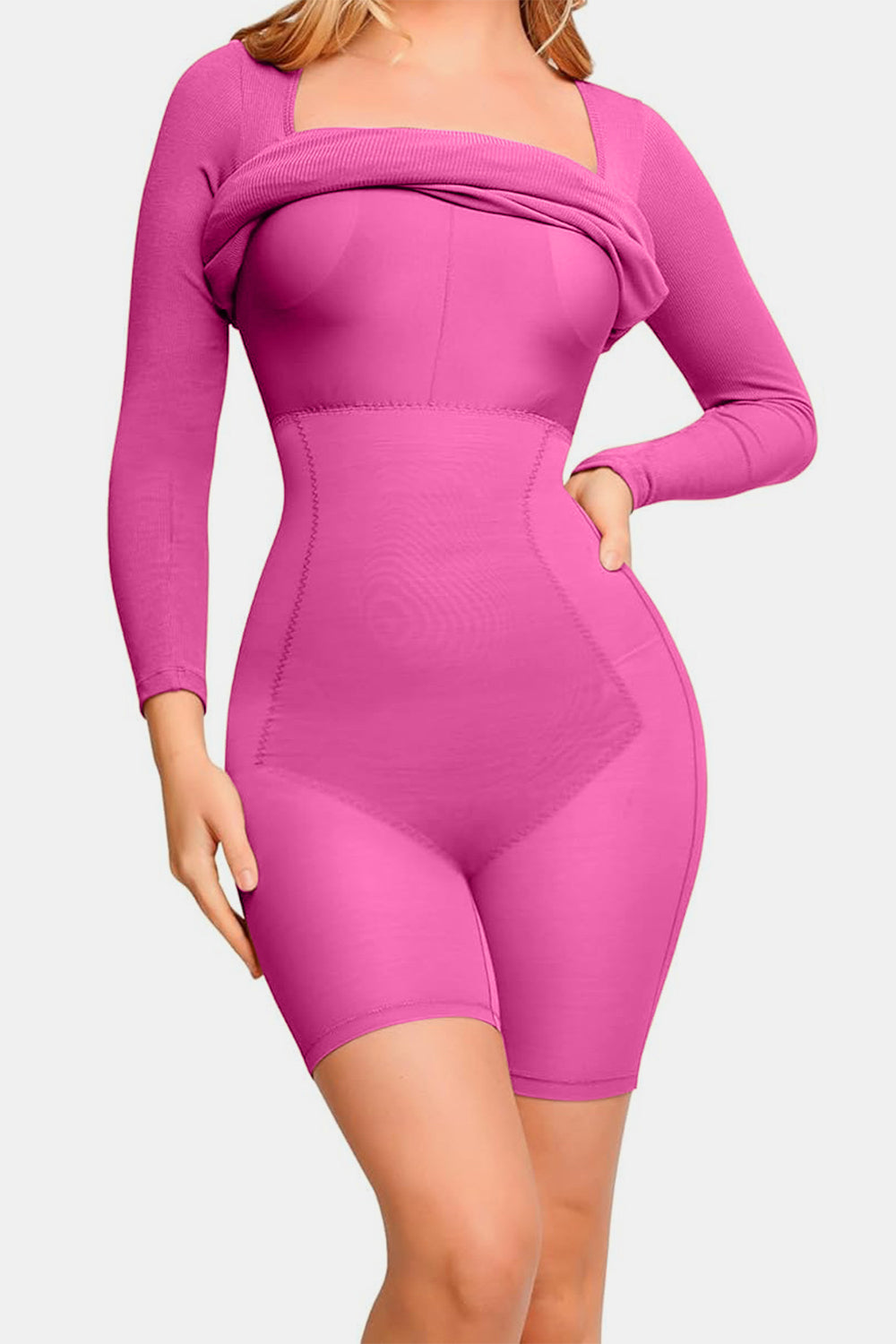 Black Square Neck Long Sleeve Sculpting Built-In Shapewear Dress