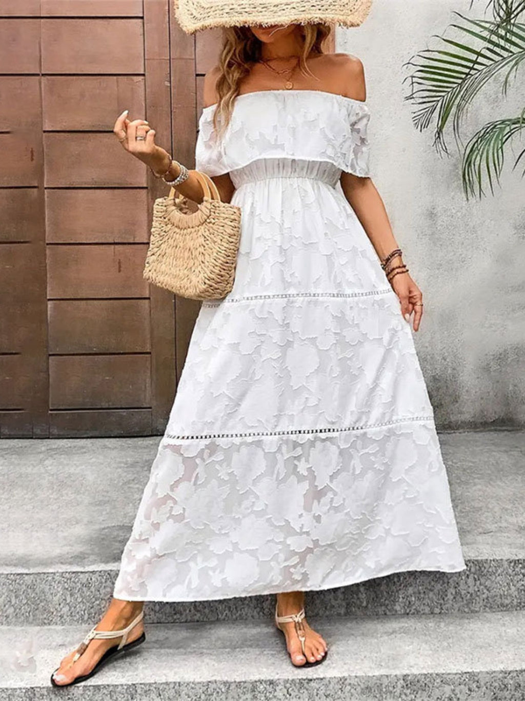White Floral Off-Shoulder Maxi Dress Bohemian Resort Summer Gown