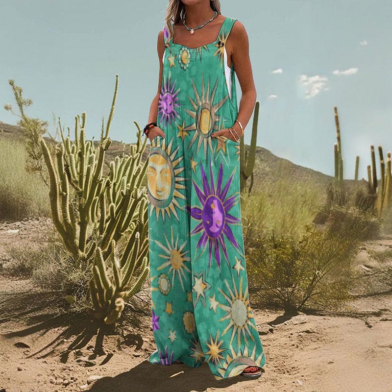 Women's Square Neck Floral Print Sleeveless Casual Jumpsuit