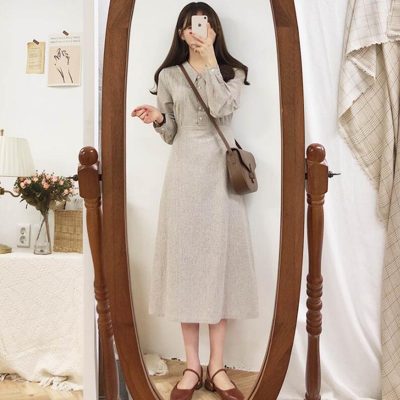 2020 Korean Style Long Sleeve Checkered Dress