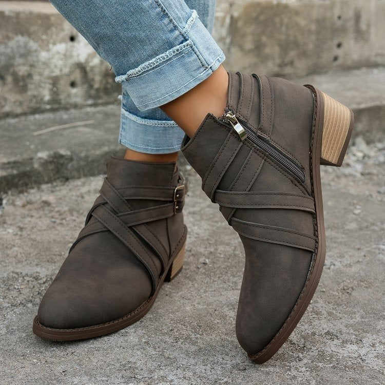 Women's Retro Buckle Ankle Boots Chic Suede Stacked Heel Booties