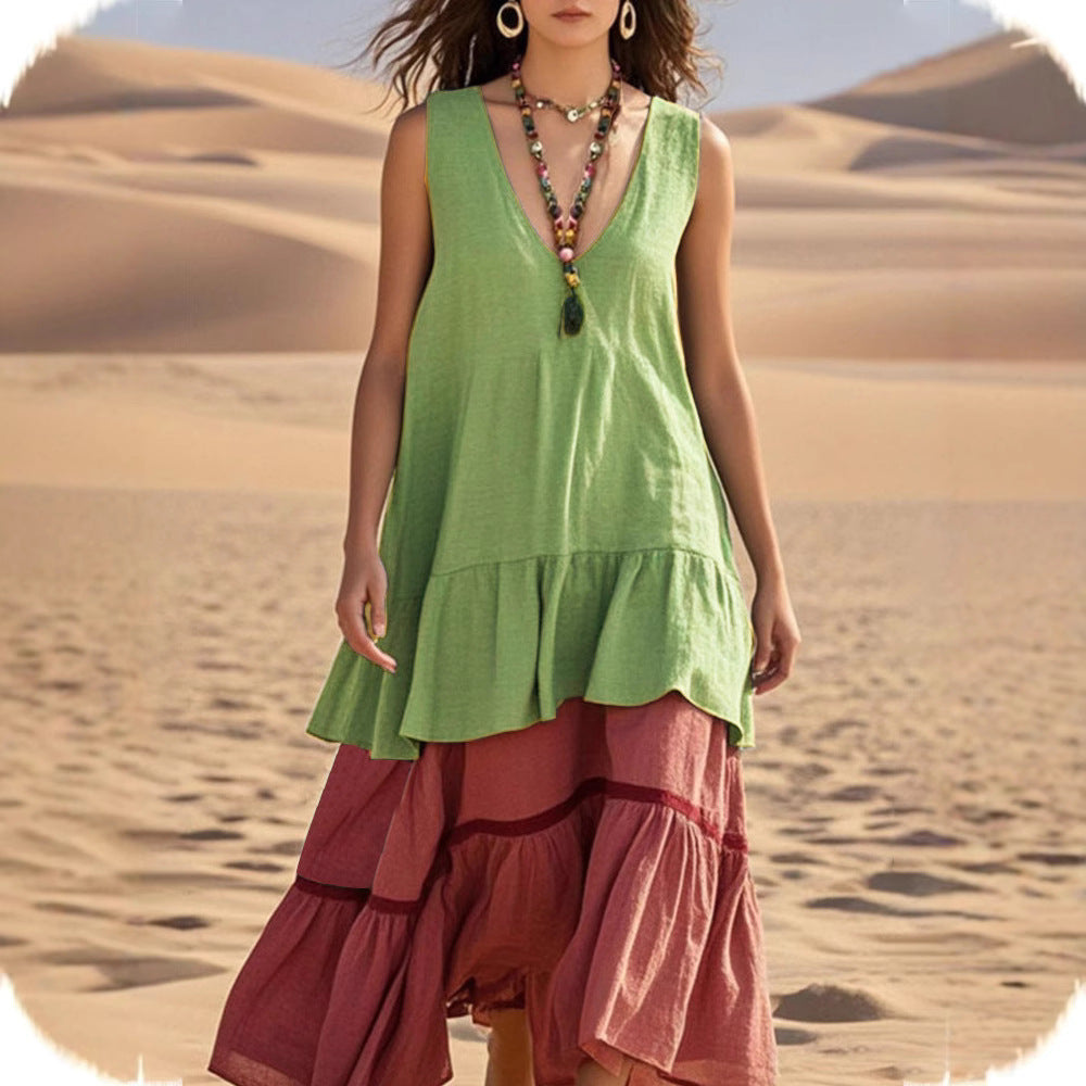 Women's Sleeveless Color-Block Patchwork Maxi Dress – V-Neck