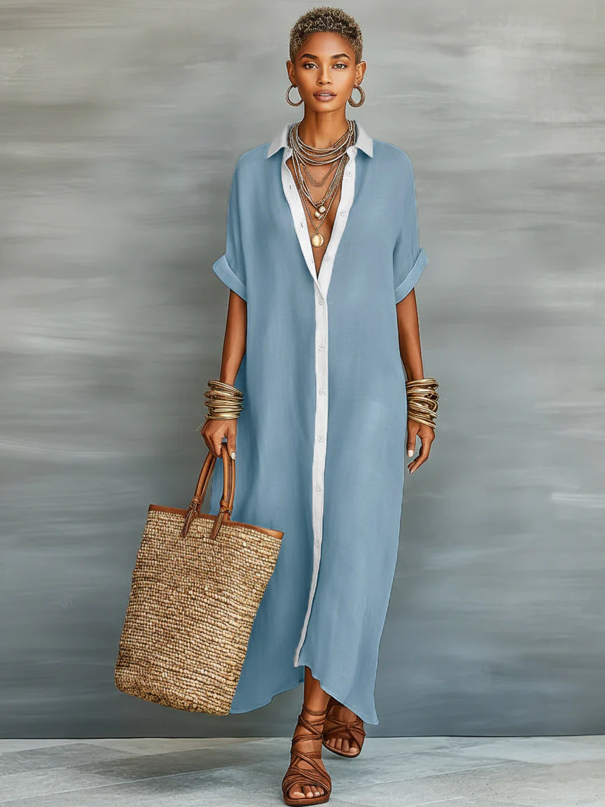 Color-Block Shirt Maxi Dress: Loose Button-Front Long Dress