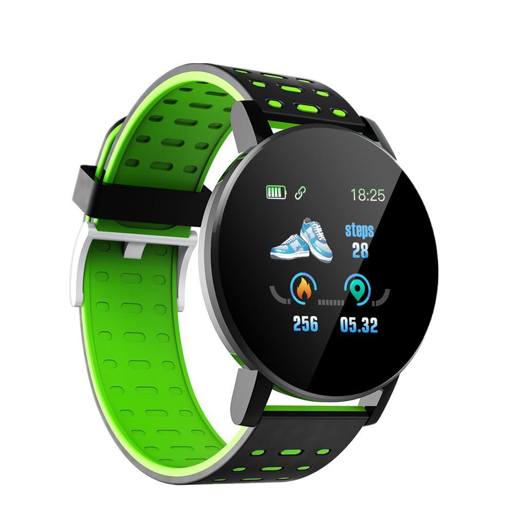 Bluetooth smart watch with fitness tracking, available in black and green