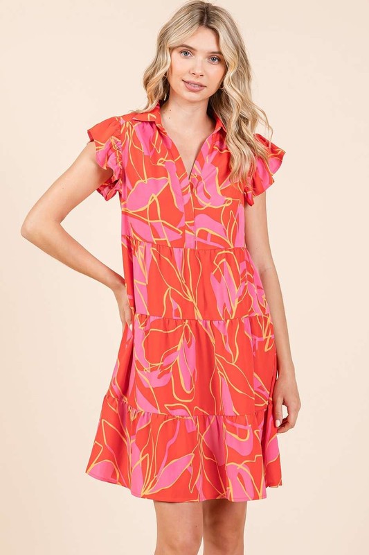 Leaf Print Ruffle Sleeve Tiered Mini Dress in Red, Pink, Orange