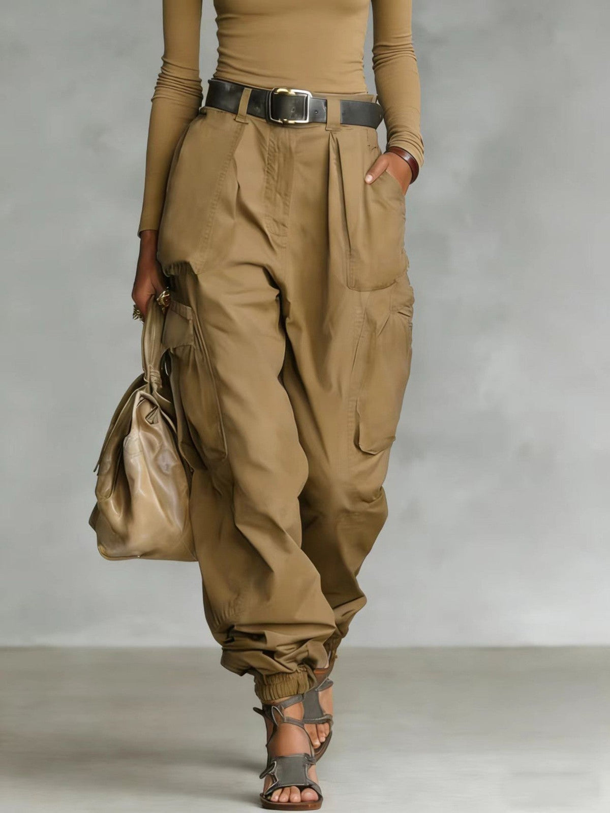 Women's High-Waist Beige Cargo Joggers with Elastic Cuffs - Image 8