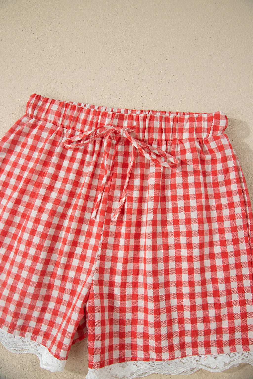 Red and White Gingham Plaid Tie Waist Lace Hem Shorts